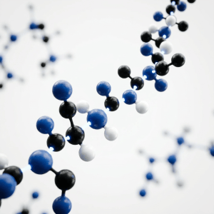 3D model showing a molecule with black, blue, and white atoms connected by bonds on a blue background